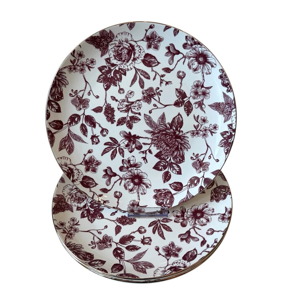 Medici Burgundy Floral Toile Dinner Plates 10.5in Set of 4 Porcelain New